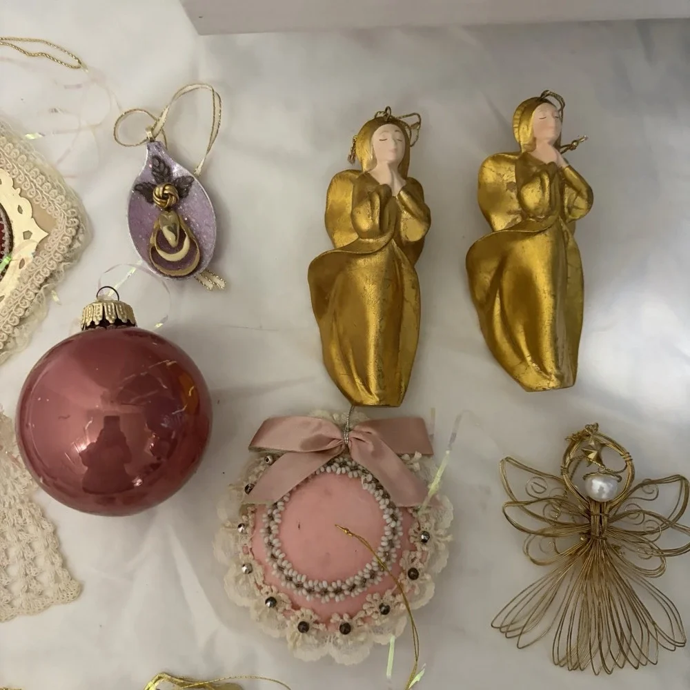 Lot Of 16 Victorian Cottage Christmas Ornaments Chic Shabby Pink core Gold